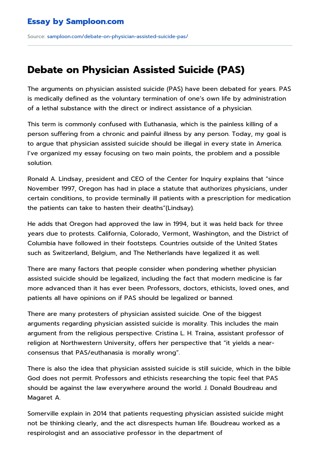 Debate on Physician Assisted Suicide (PAS) essay