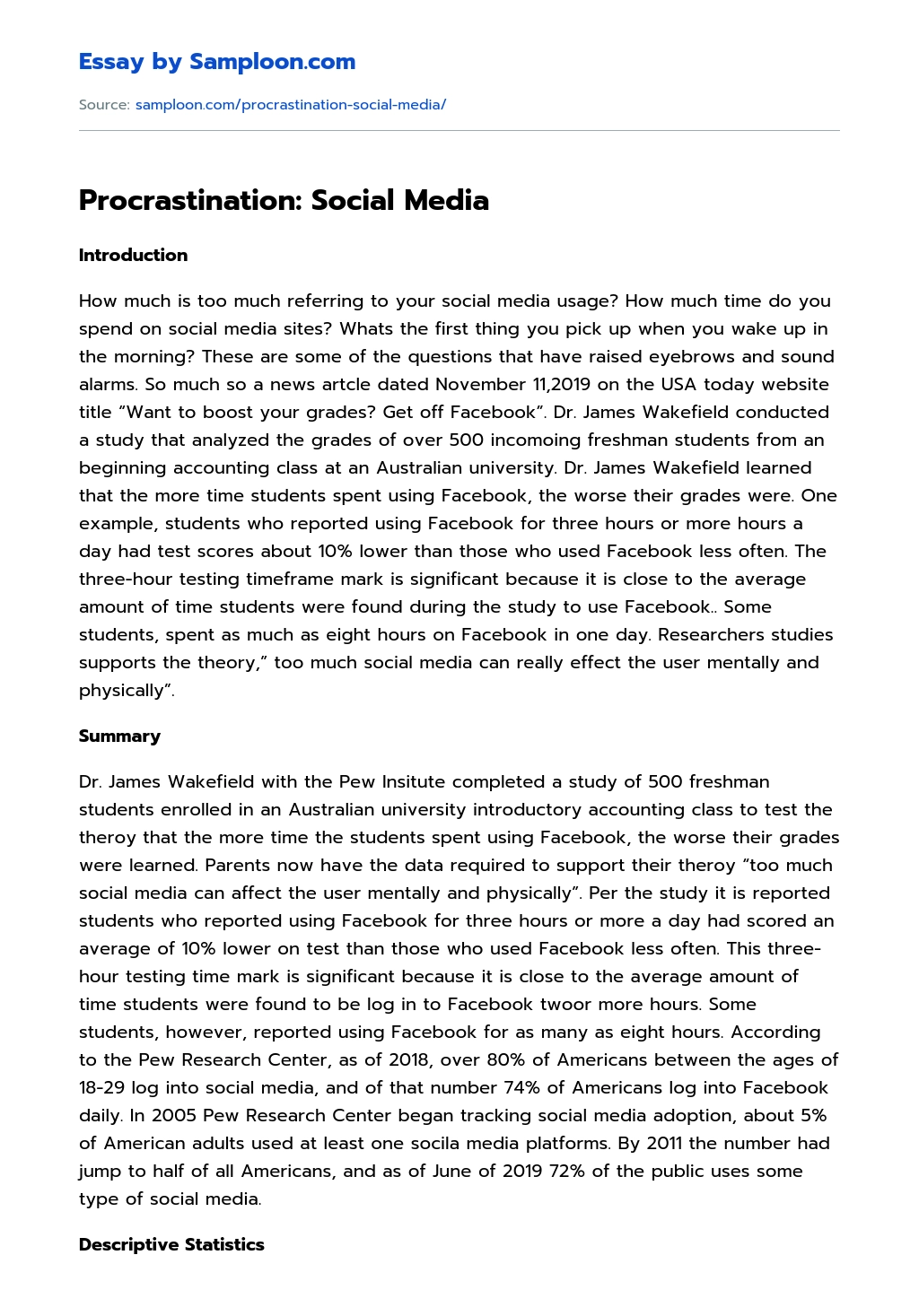 Procrastination: Social Media Research Paper essay