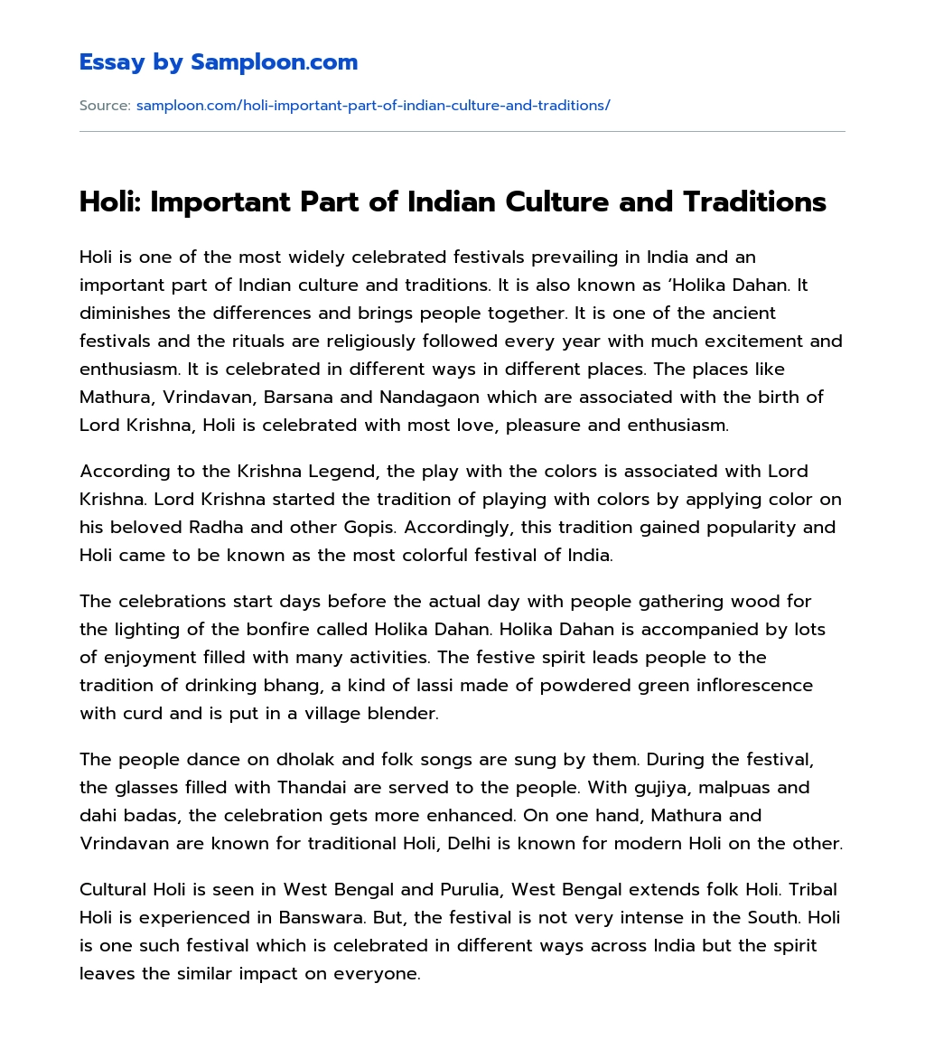 Holi: Important Part of Indian Culture and Traditions essay
