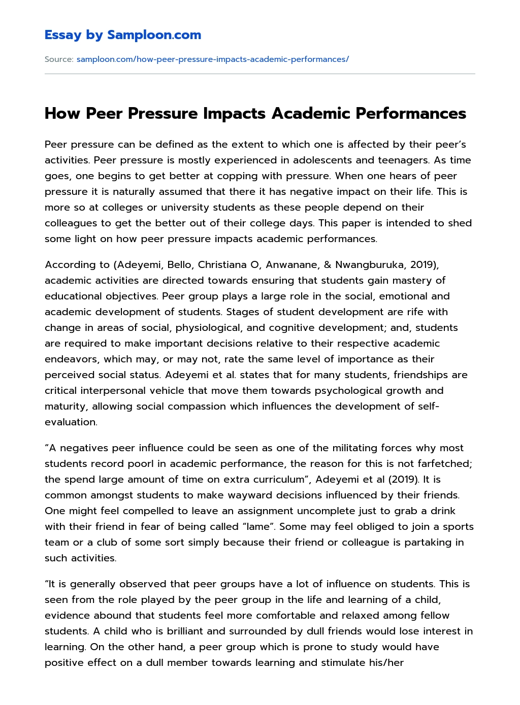 How Peer Pressure Impacts Academic Performances essay