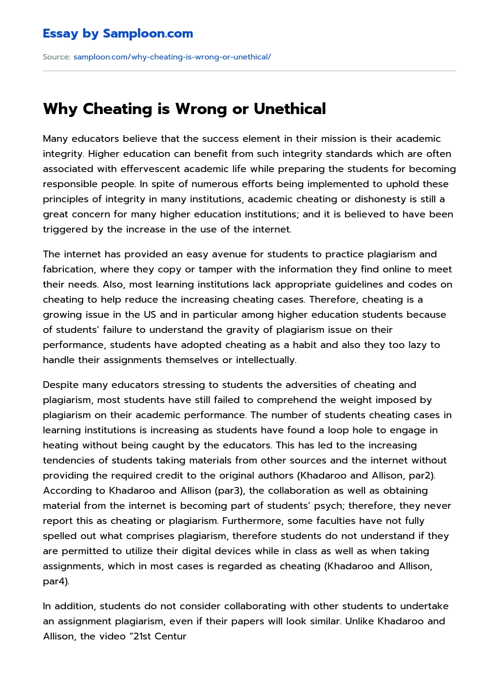 Why Cheating is Wrong or Unethical essay