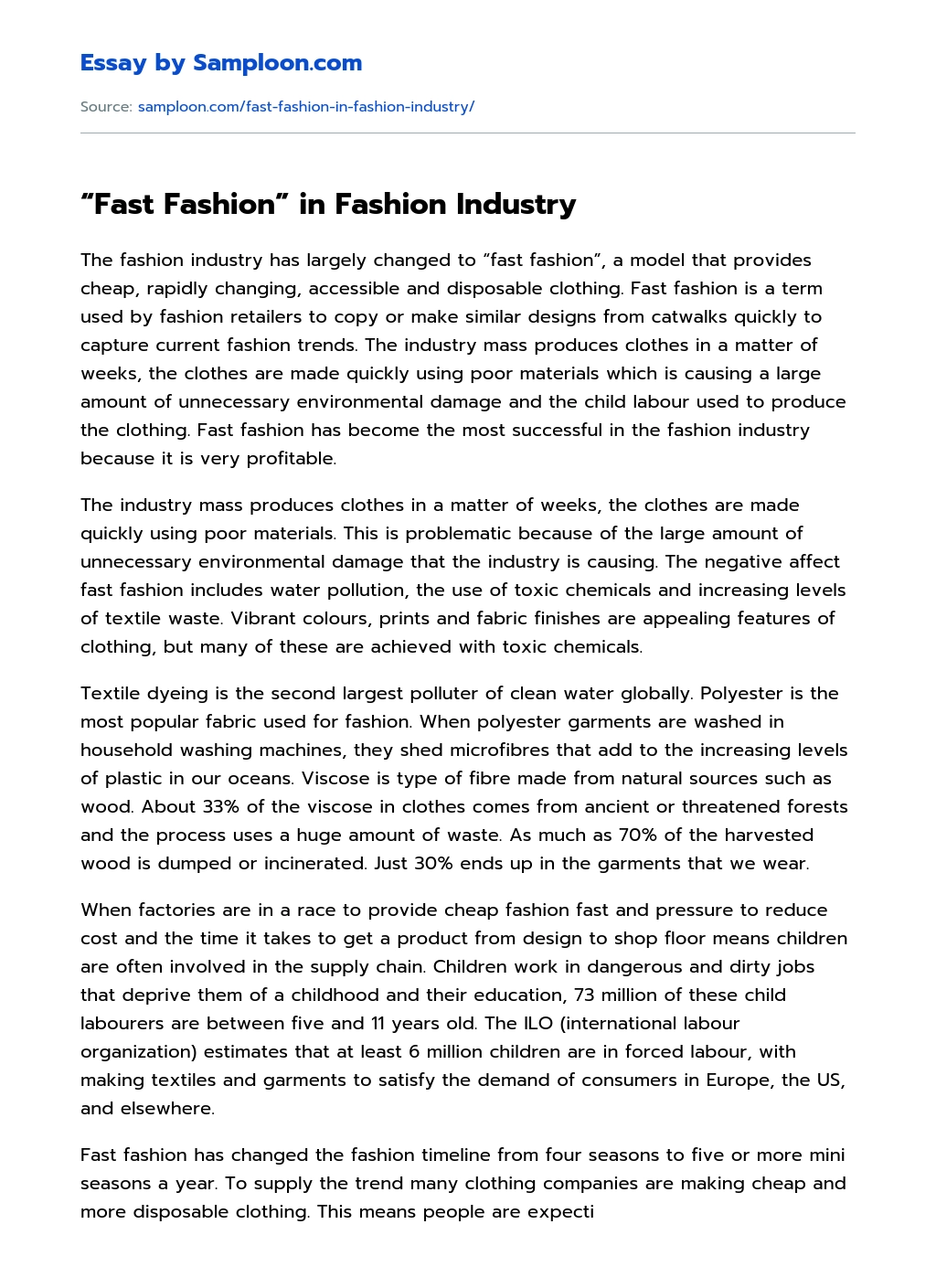 “Fast Fashion” in Fashion Industry Argumentative Essay essay