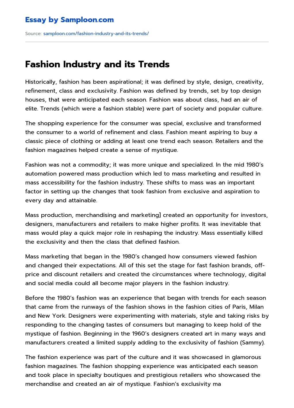 Fashion Industry and Its Trends essay