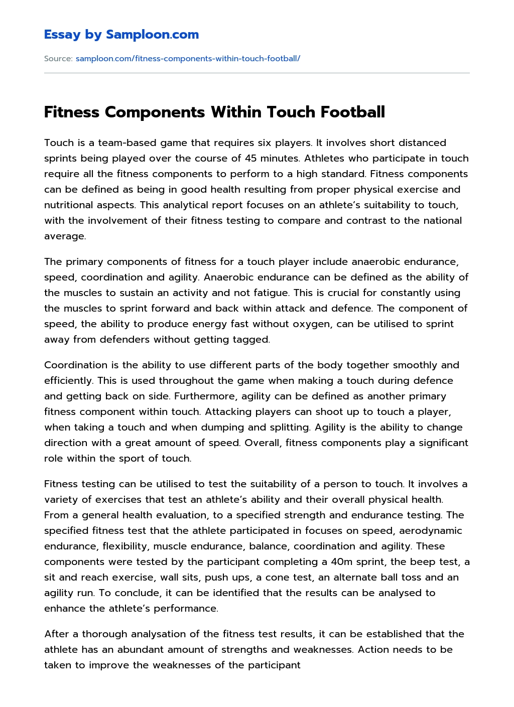 Fitness Components Within Touch Football essay
