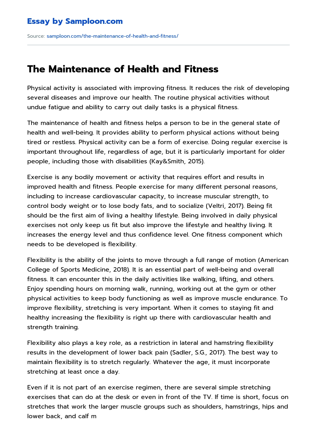 The Maintenance of Health and Fitness essay