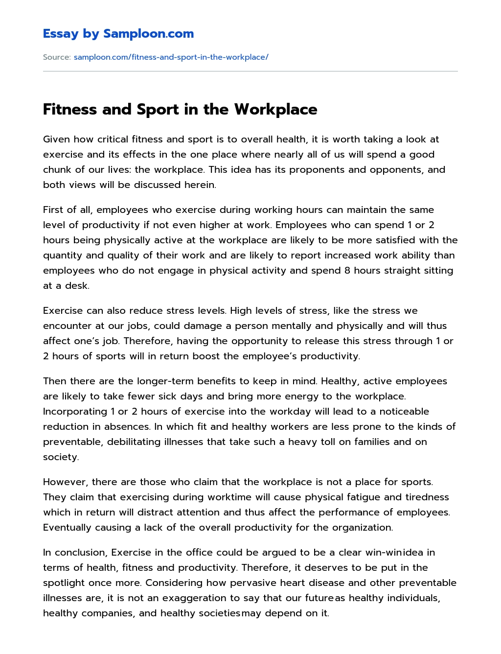 Fitness and Sport in the Workplace essay