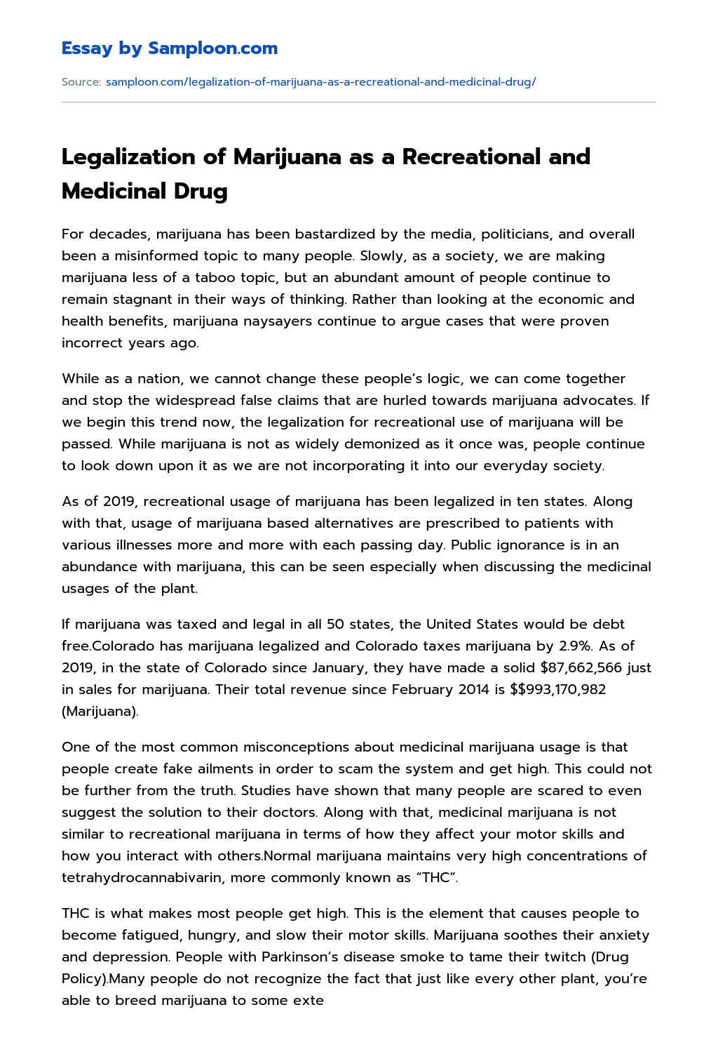 Legalization of Marijuana as a Recreational and Medicinal Drug essay