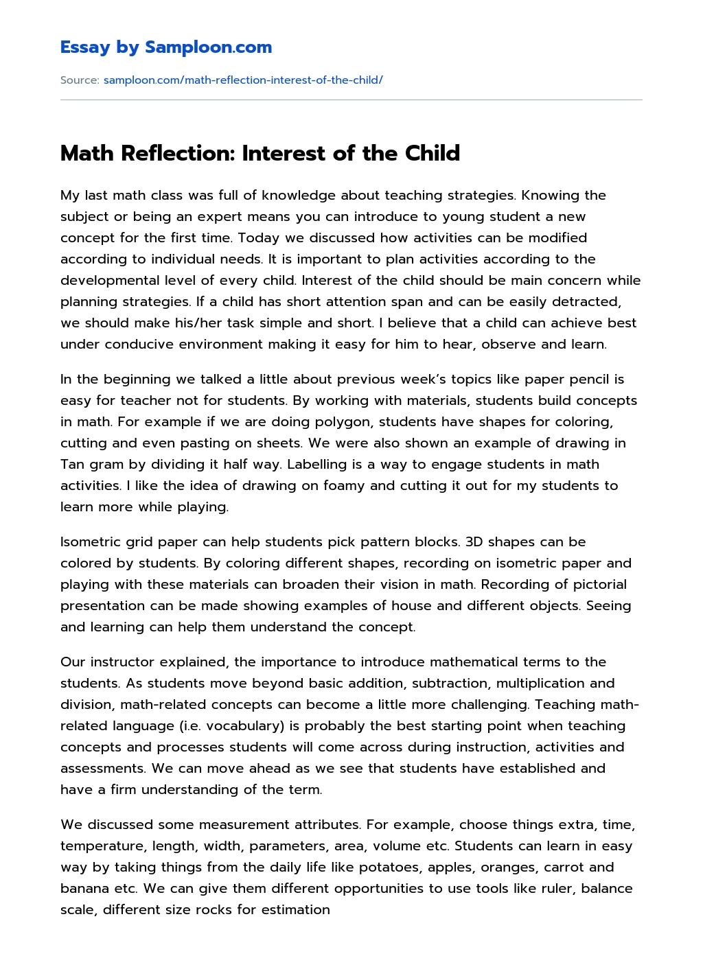 Math Reflection: Interest of the Child essay