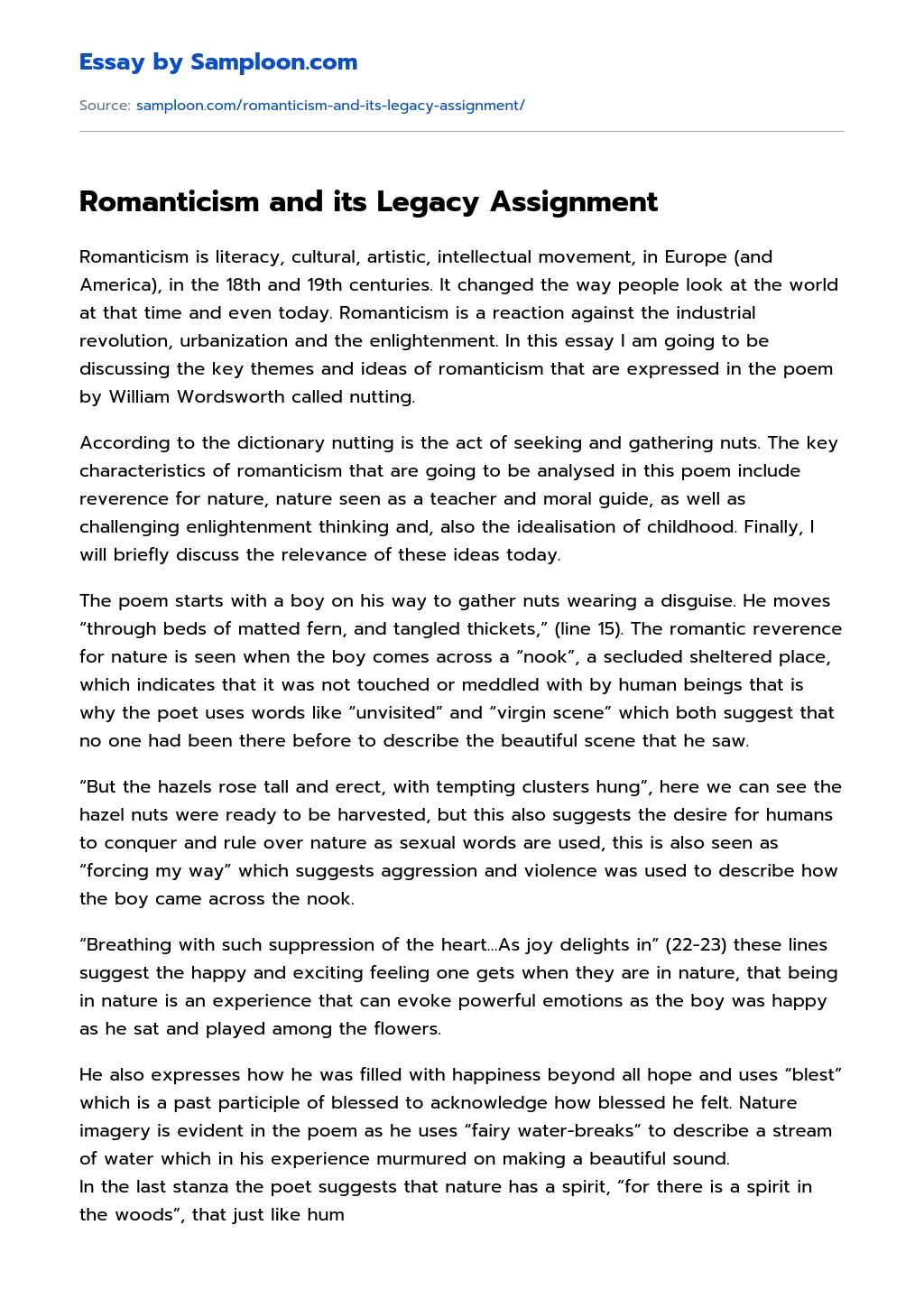 Romanticism and its Legacy Assignment essay