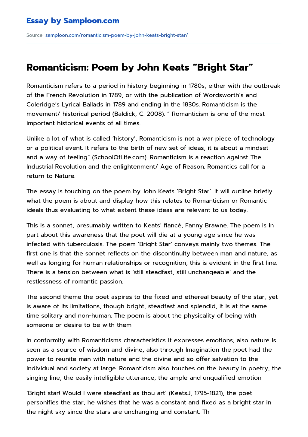 Romanticism: Poem by John Keats “Bright Star” essay