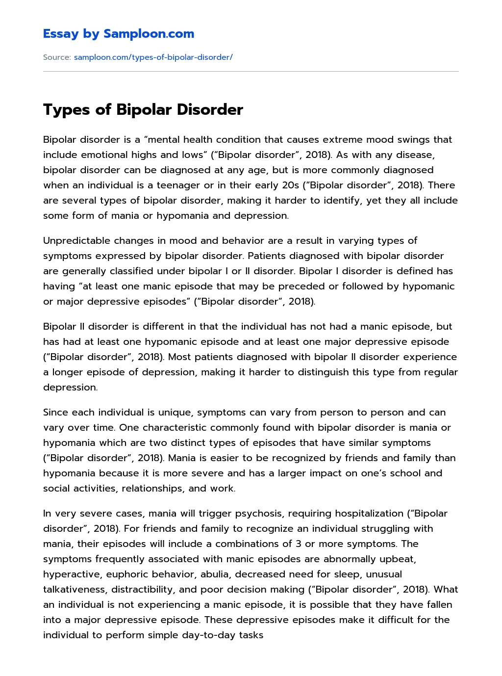 Types of Bipolar Disorder essay