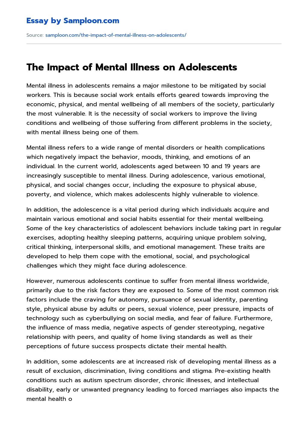 The Impact of Mental Illness on Adolescents essay