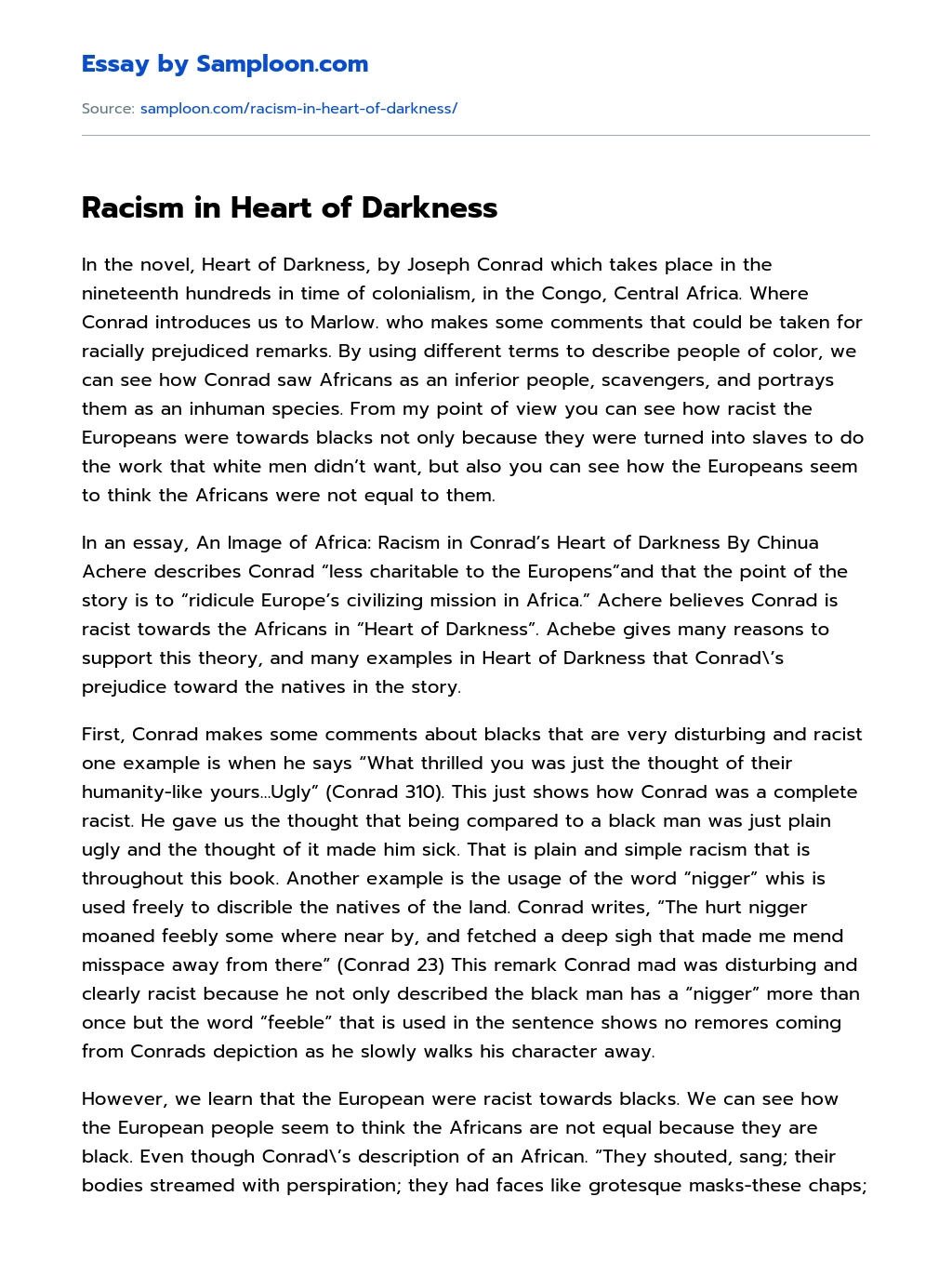 Racism Problems in Heart of Darkness Summary essay