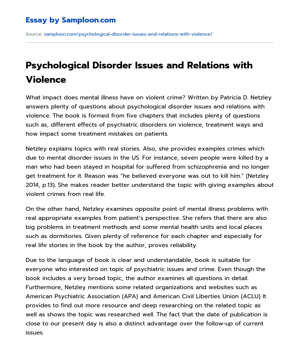 Psychological Disorder Issues and Relations with Violence Argumentative Essay essay