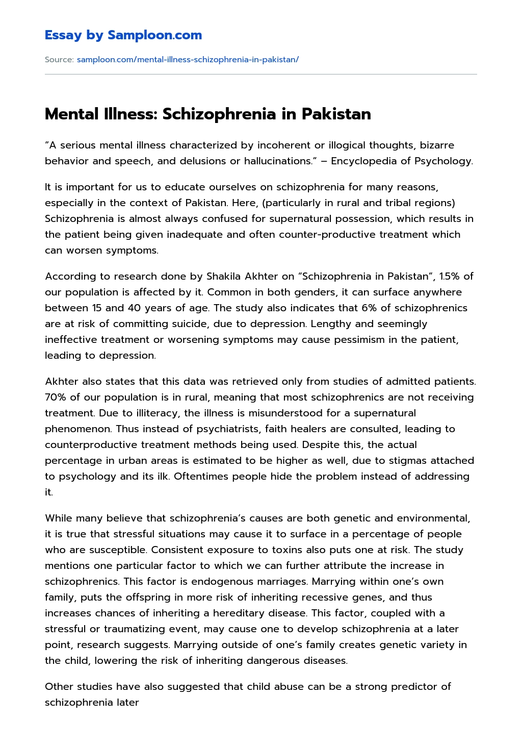 Mental Illness: Schizophrenia in Pakistan essay