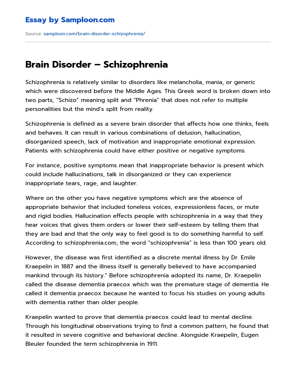 Brain Disorder – Schizophrenia essay