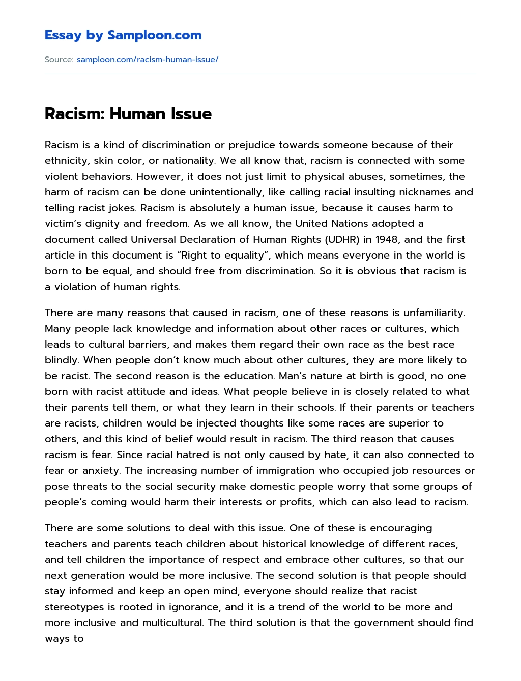 Racism: Human Issue essay