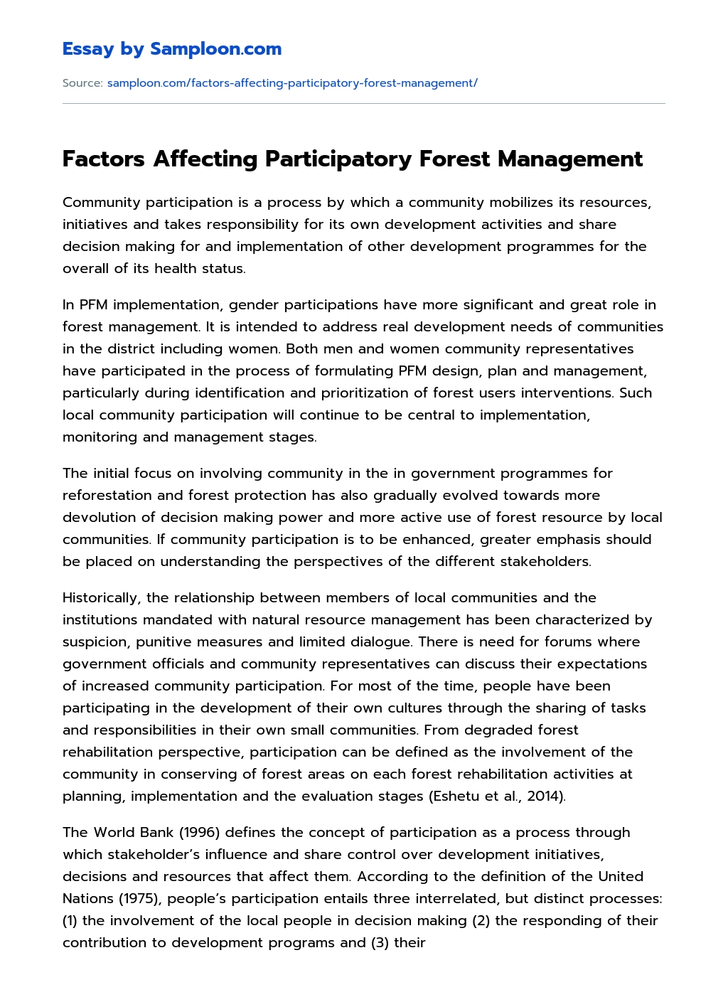 Factors Affecting Participatory Forest Management Argumentative Essay essay