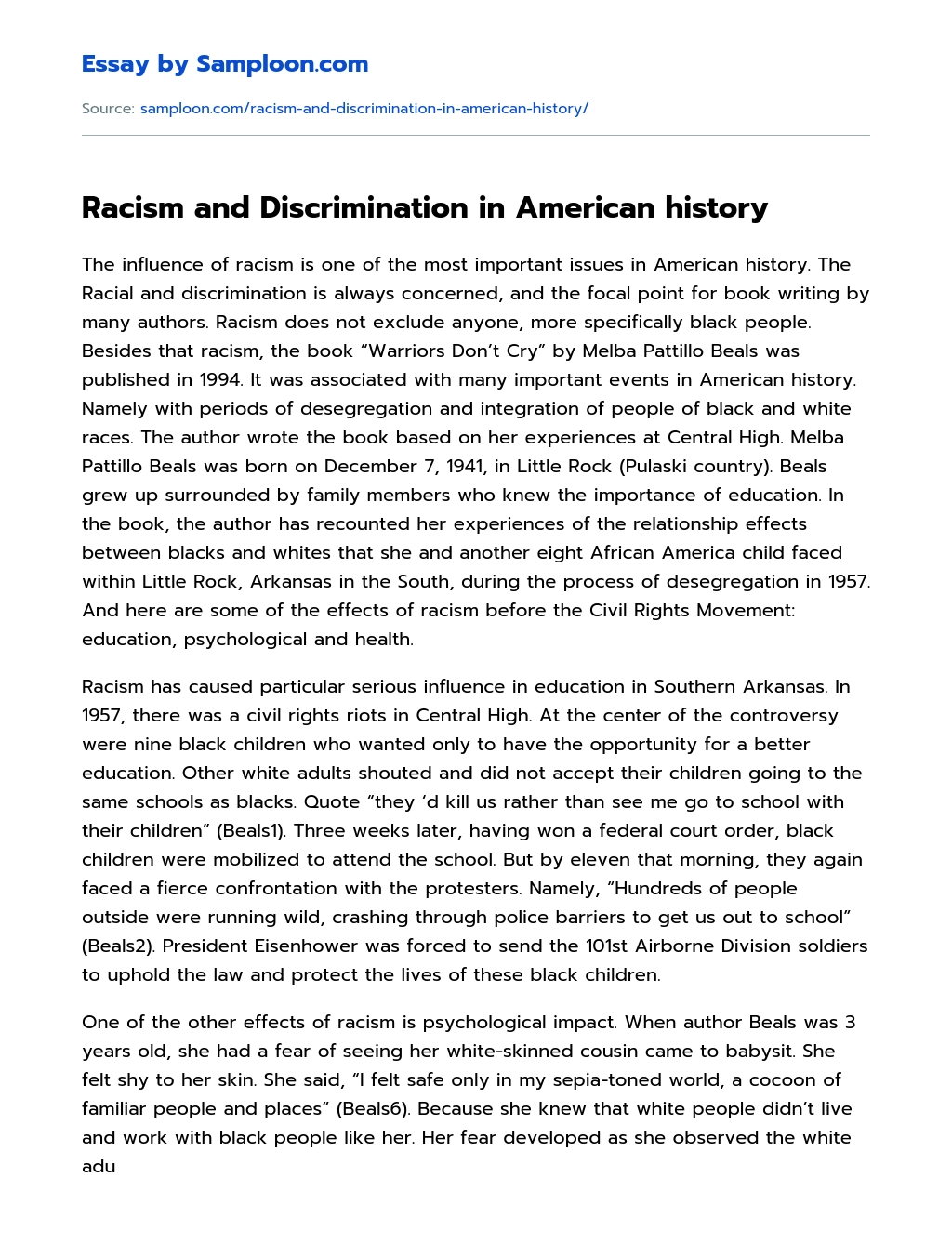 Racism and Discrimination in American history essay
