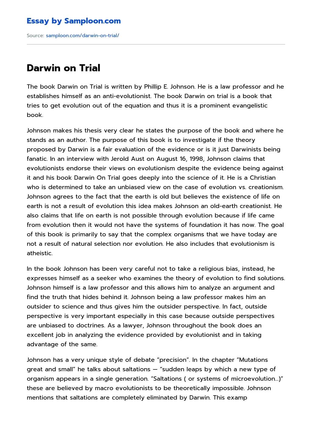 Darwin on Trial essay