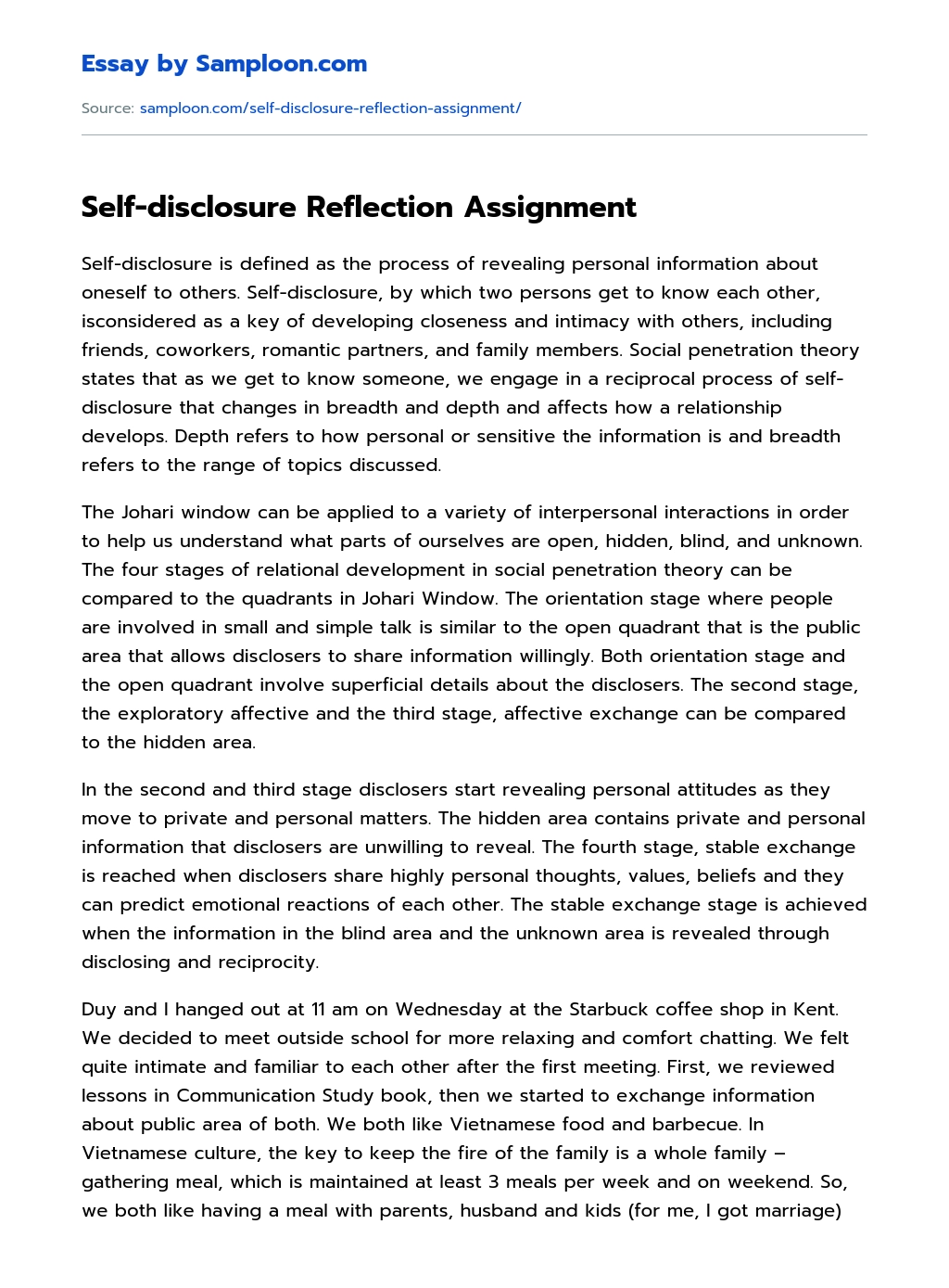 Self-disclosure Reflection Assignment essay
