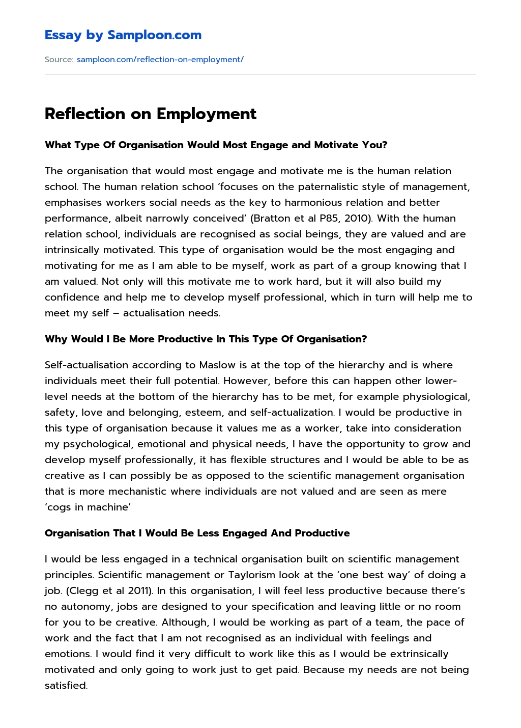 Reflection on Employment essay