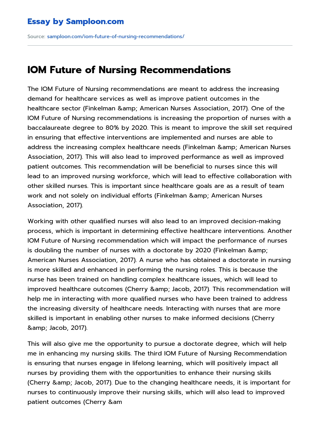 IOM Future of Nursing Recommendations essay