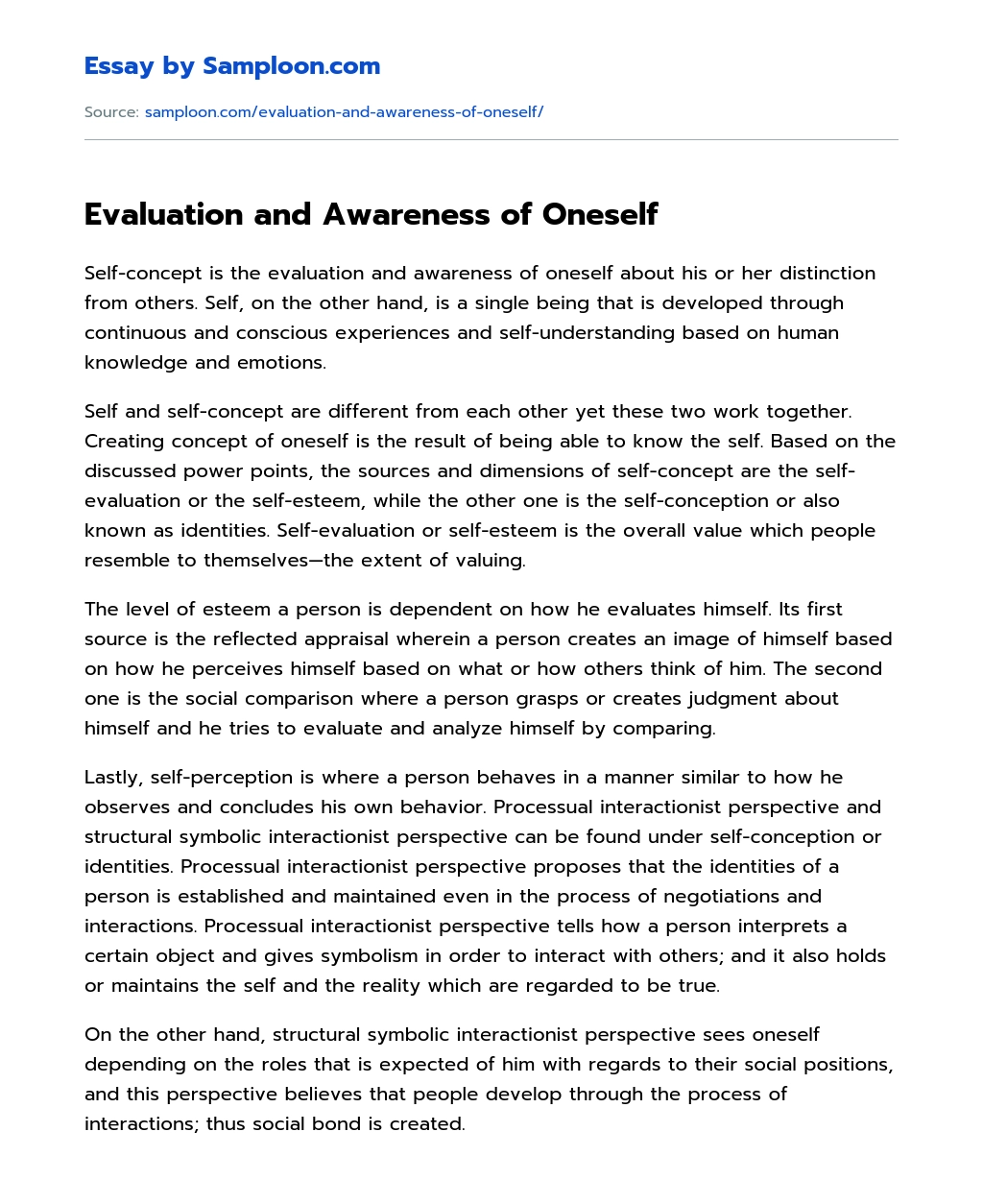 Evaluation and Awareness of Oneself essay