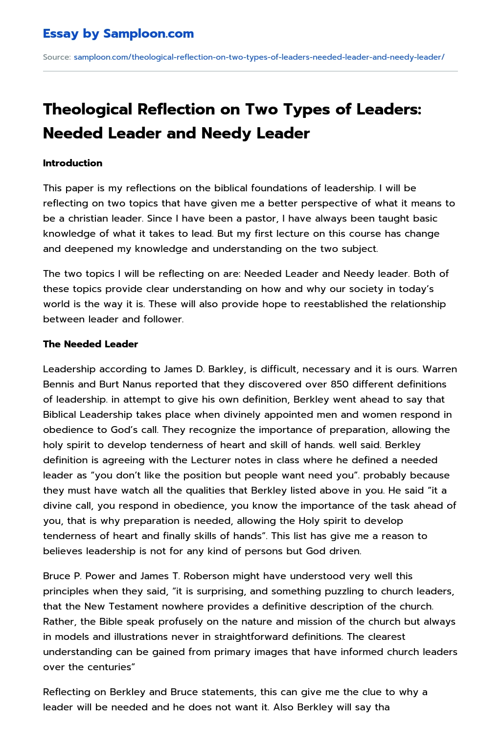 Theological Reflection on Two Types of Leaders: Needed Leader and Needy Leader essay