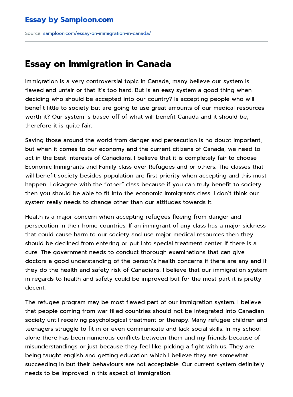 Essay on Immigration in Canada essay