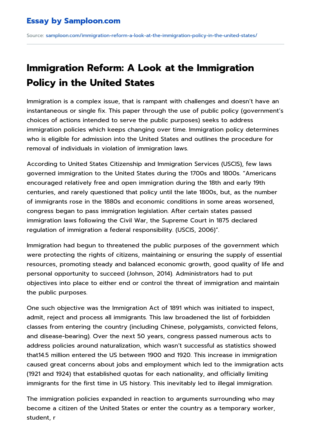 Immigration Reform: A Look at the Immigration Policy in the United States essay