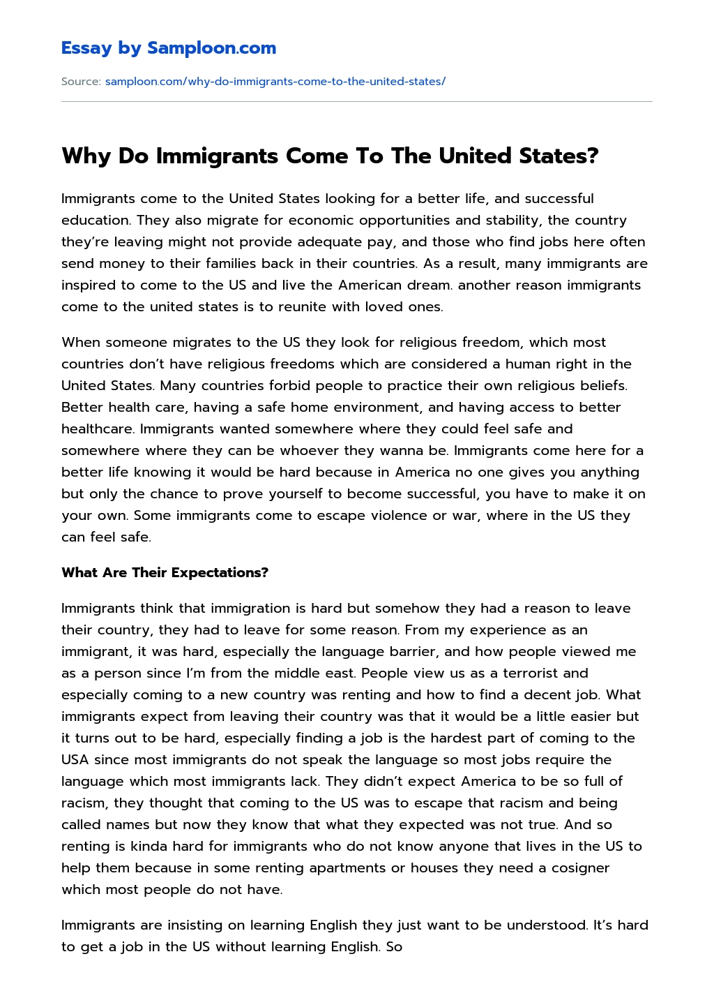 Why Do Immigrants Come To The United States? essay