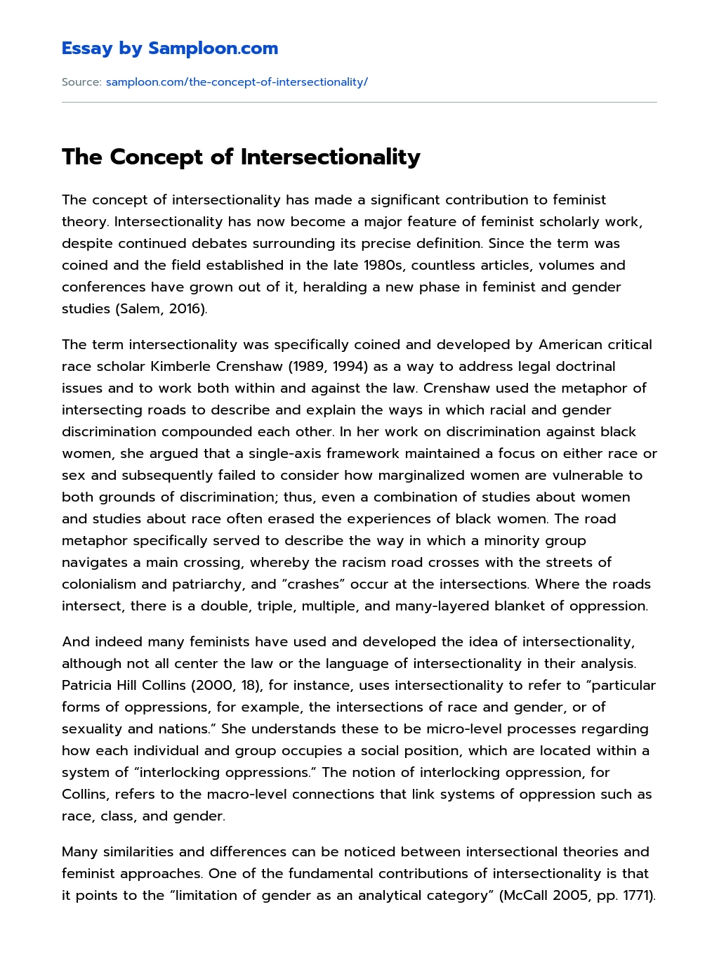 The Concept of Intersectionality Argumentative Essay essay