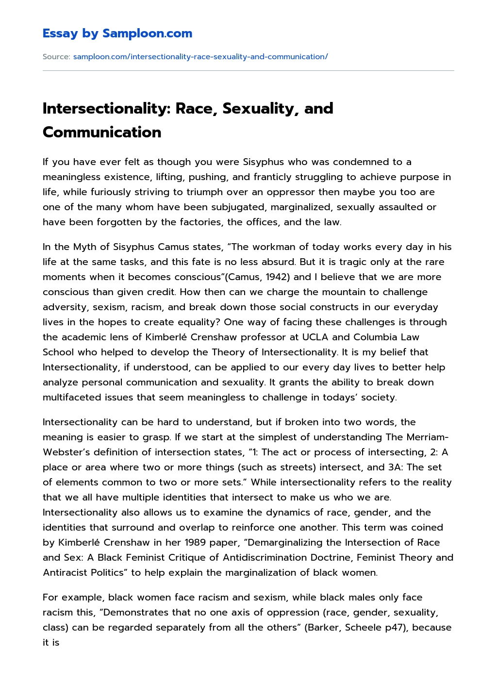 Intersectionality: Race, Sexuality, and Communication Summary essay