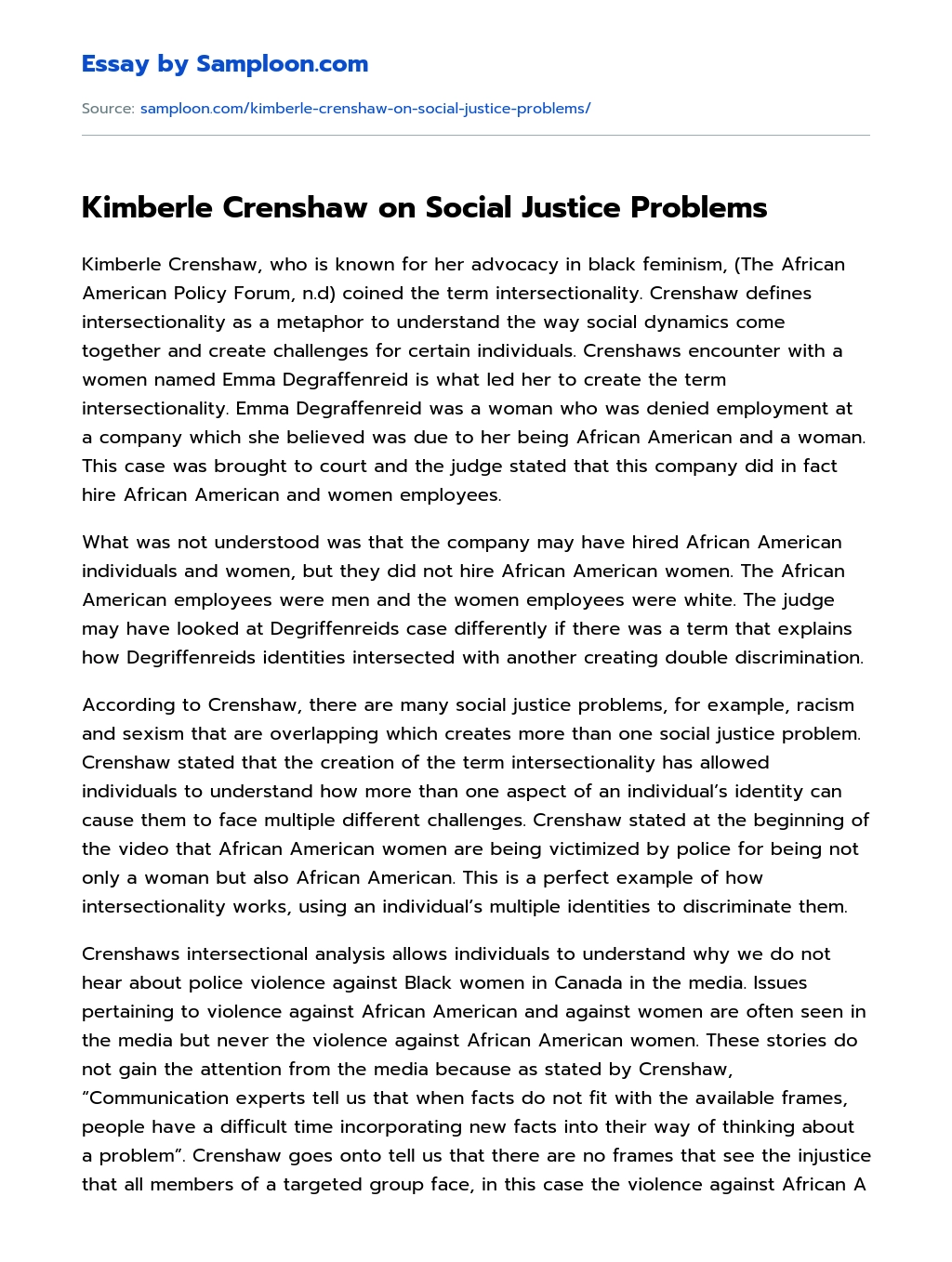Kimberle Crenshaw on Social Justice Problems essay