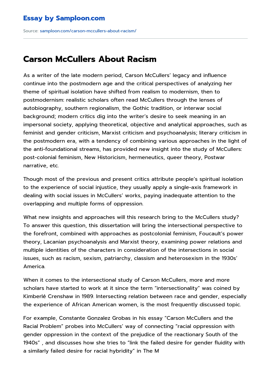 Carson McCullers About Racism essay