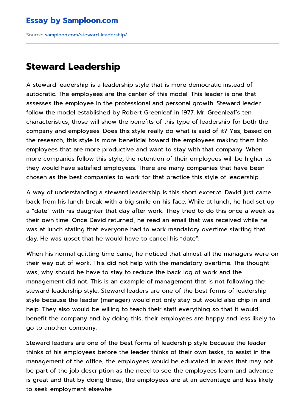 Steward Leadership essay