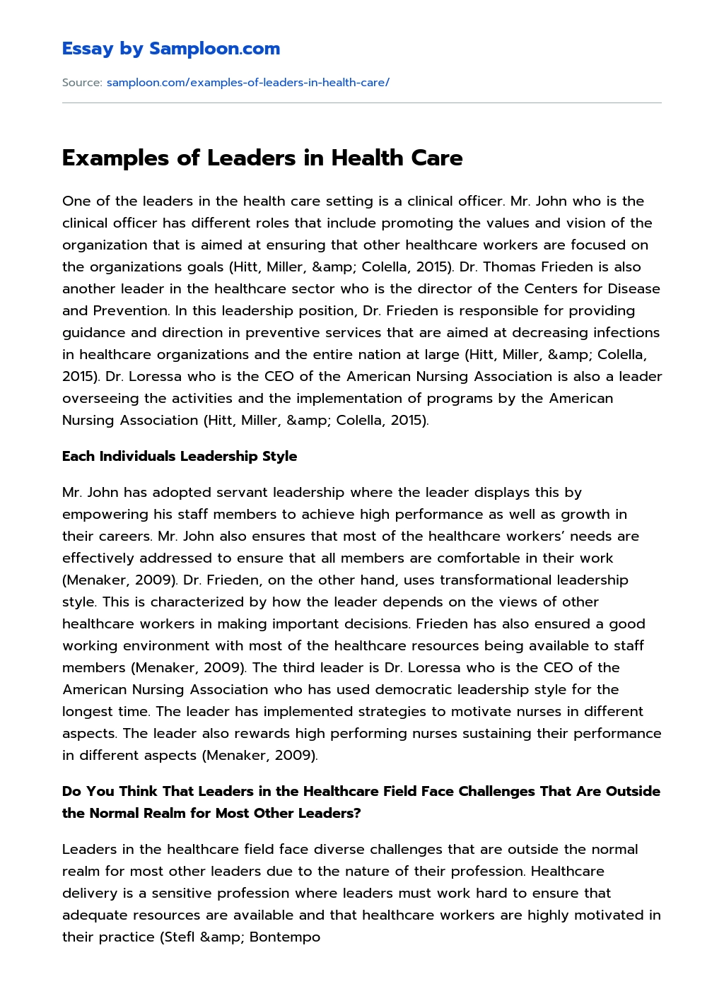 Examples of Leaders in Health Care essay