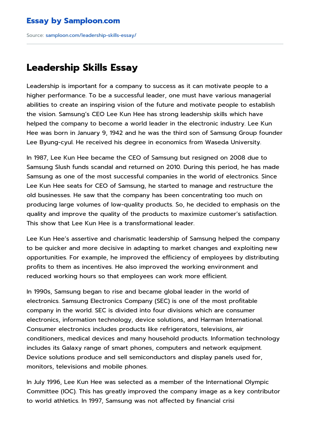 Leadership Skills Essay essay