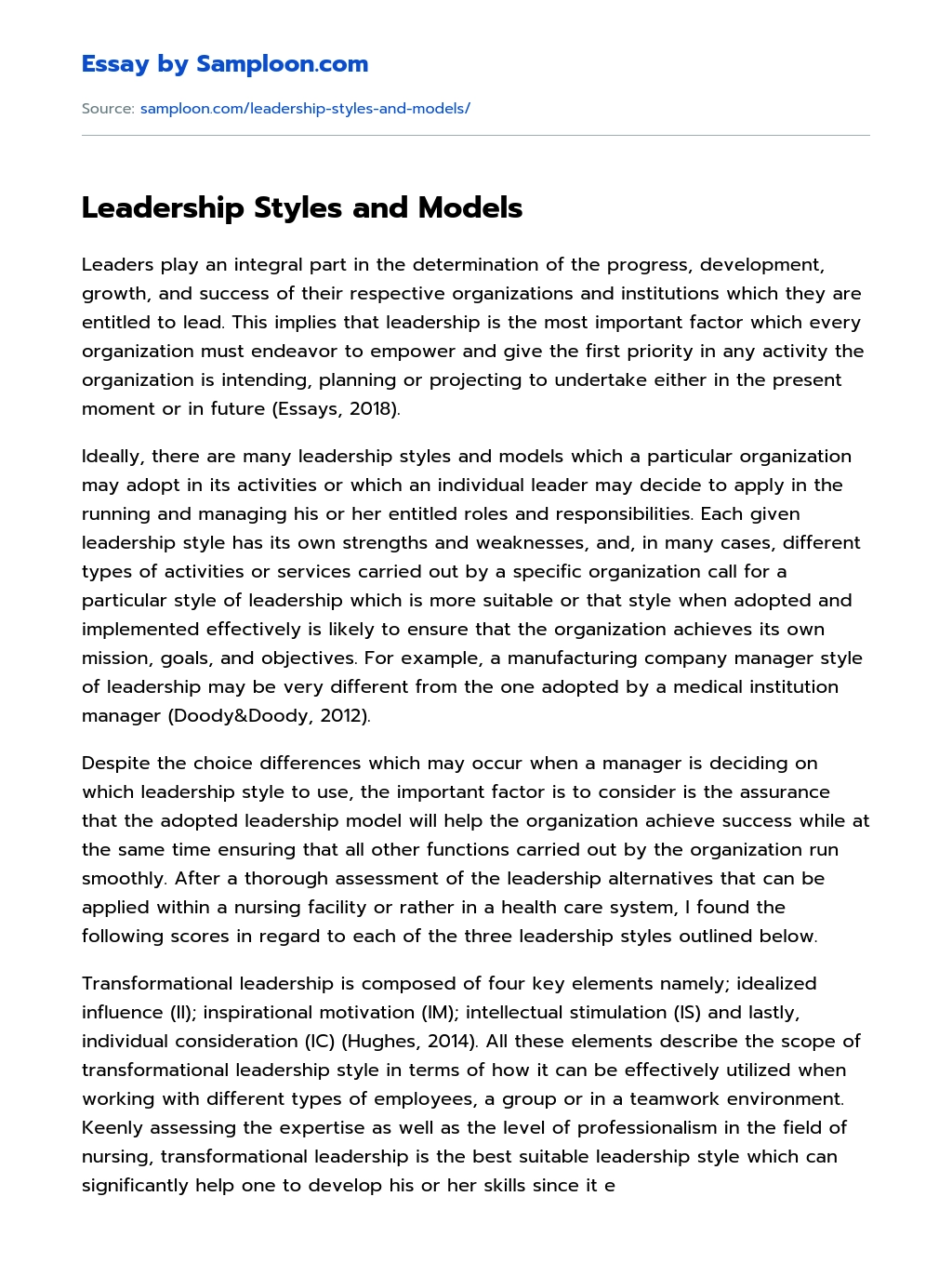 Leadership Styles and Models essay