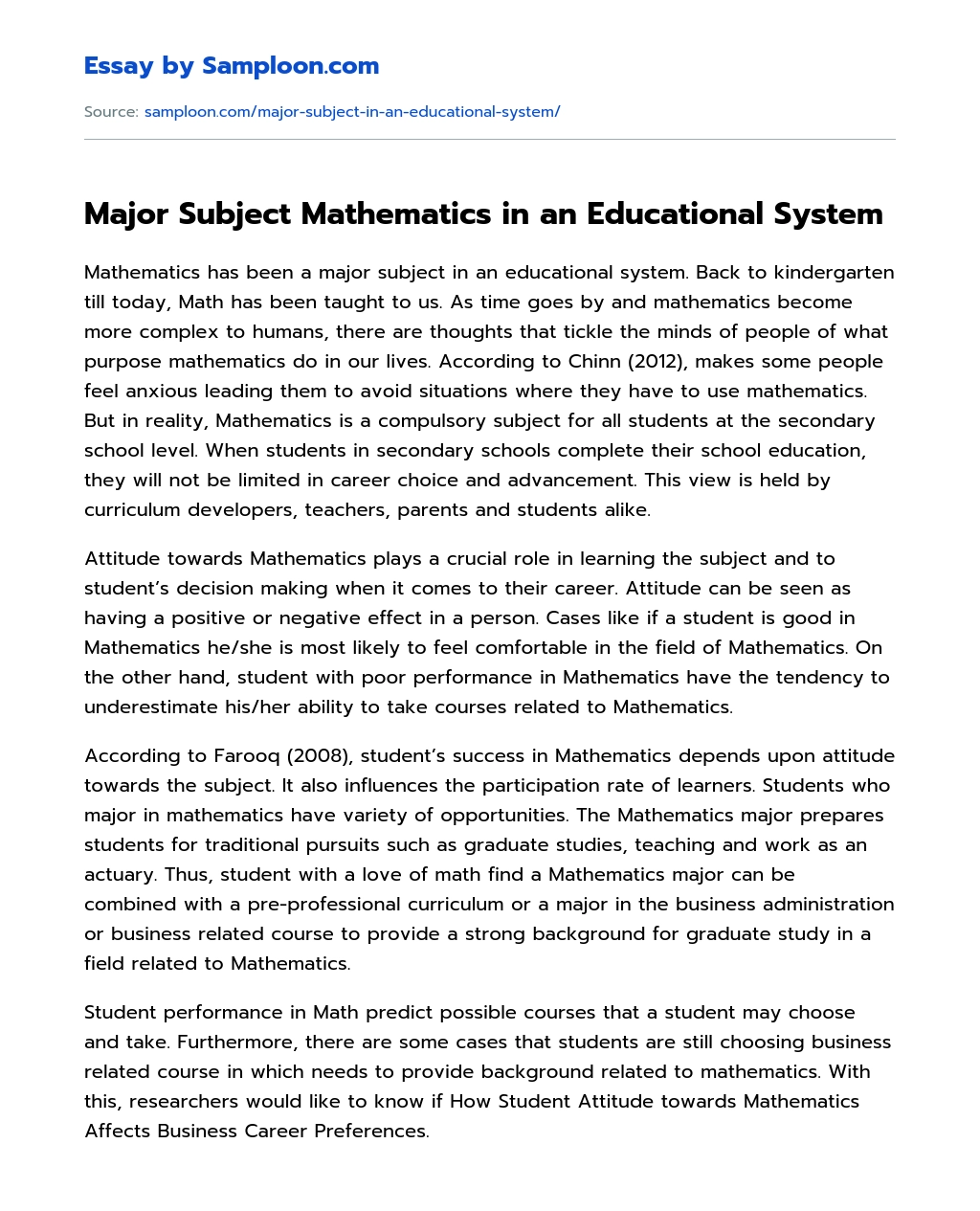Major Subject Mathematics in an Educational System essay