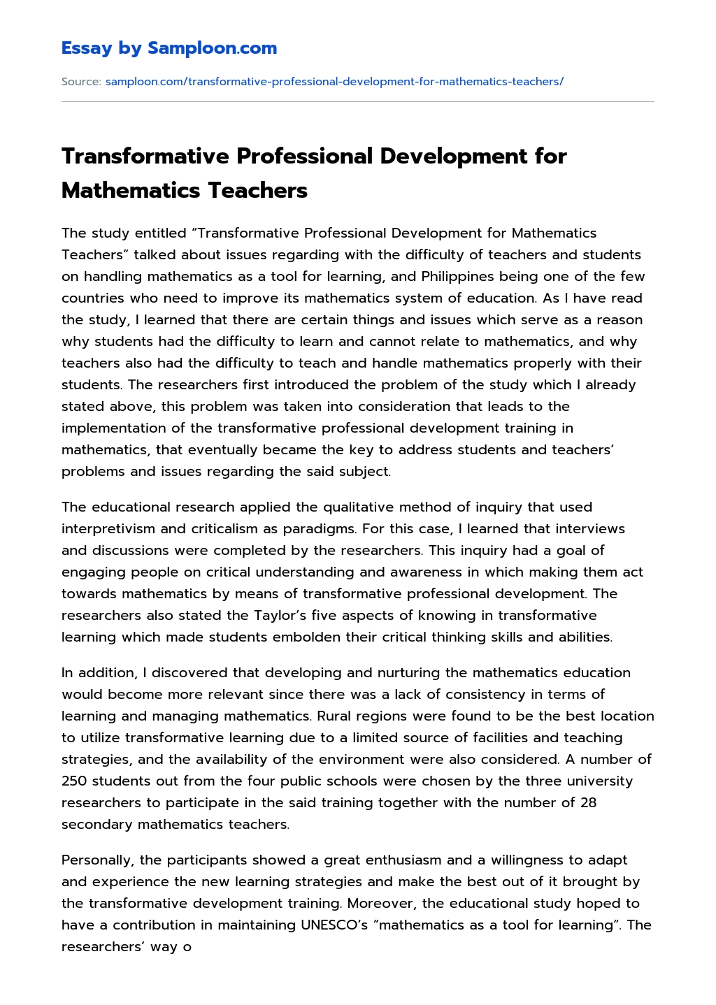Transformative Professional Development for Mathematics Teachers essay