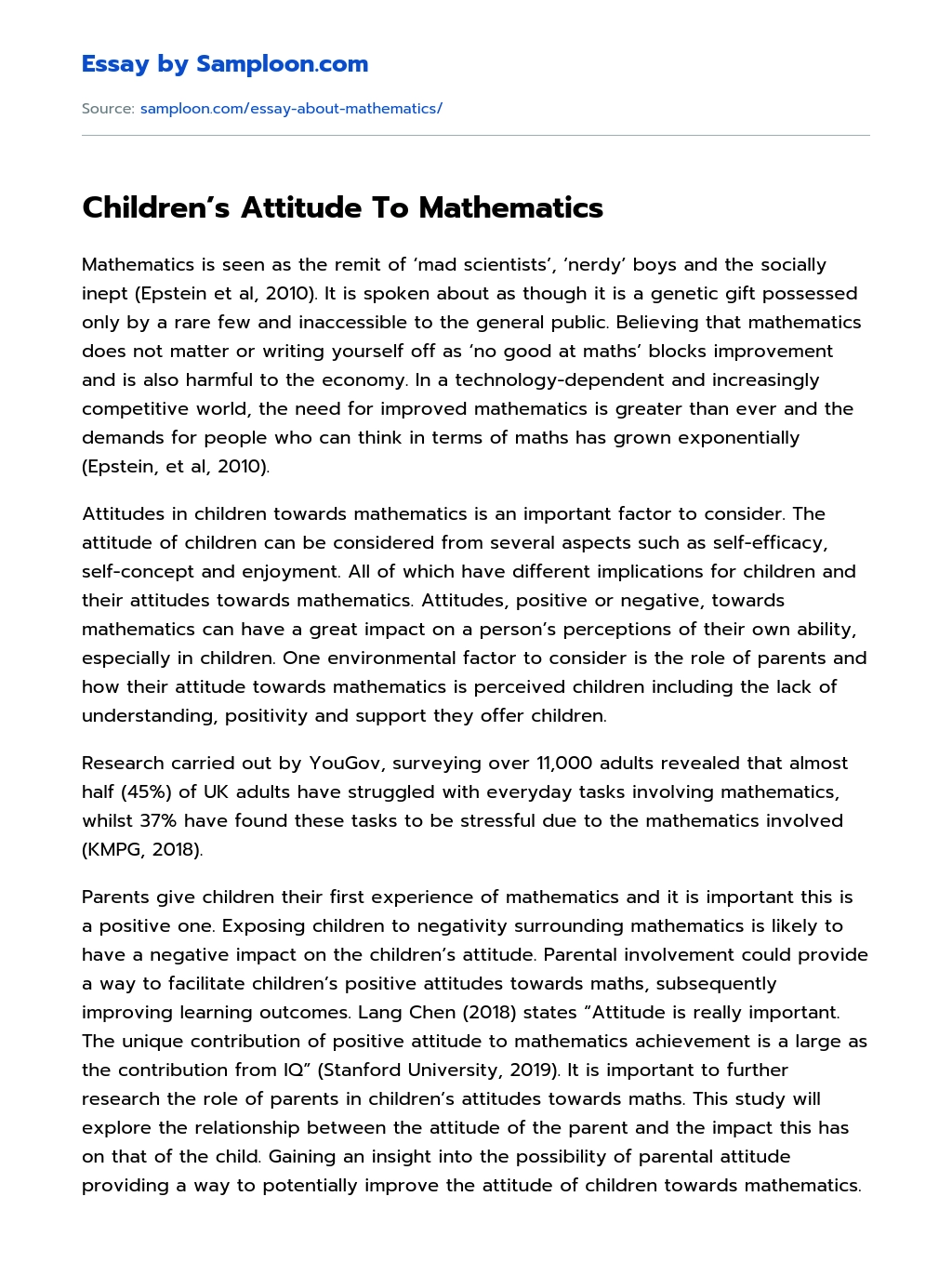 Сhildren’s Attitude To Mathematics essay
