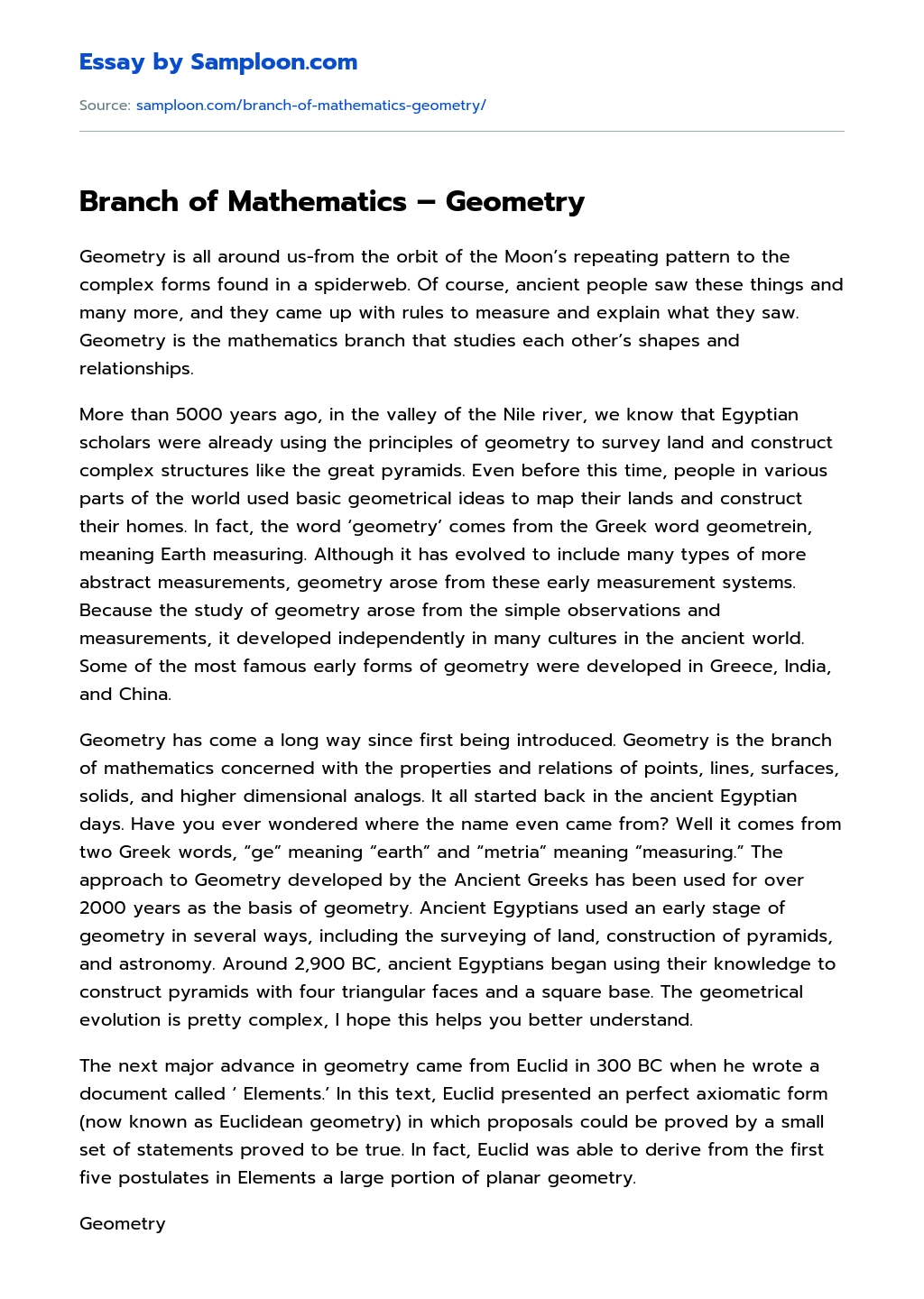 Branch of Mathematics – Geometry essay
