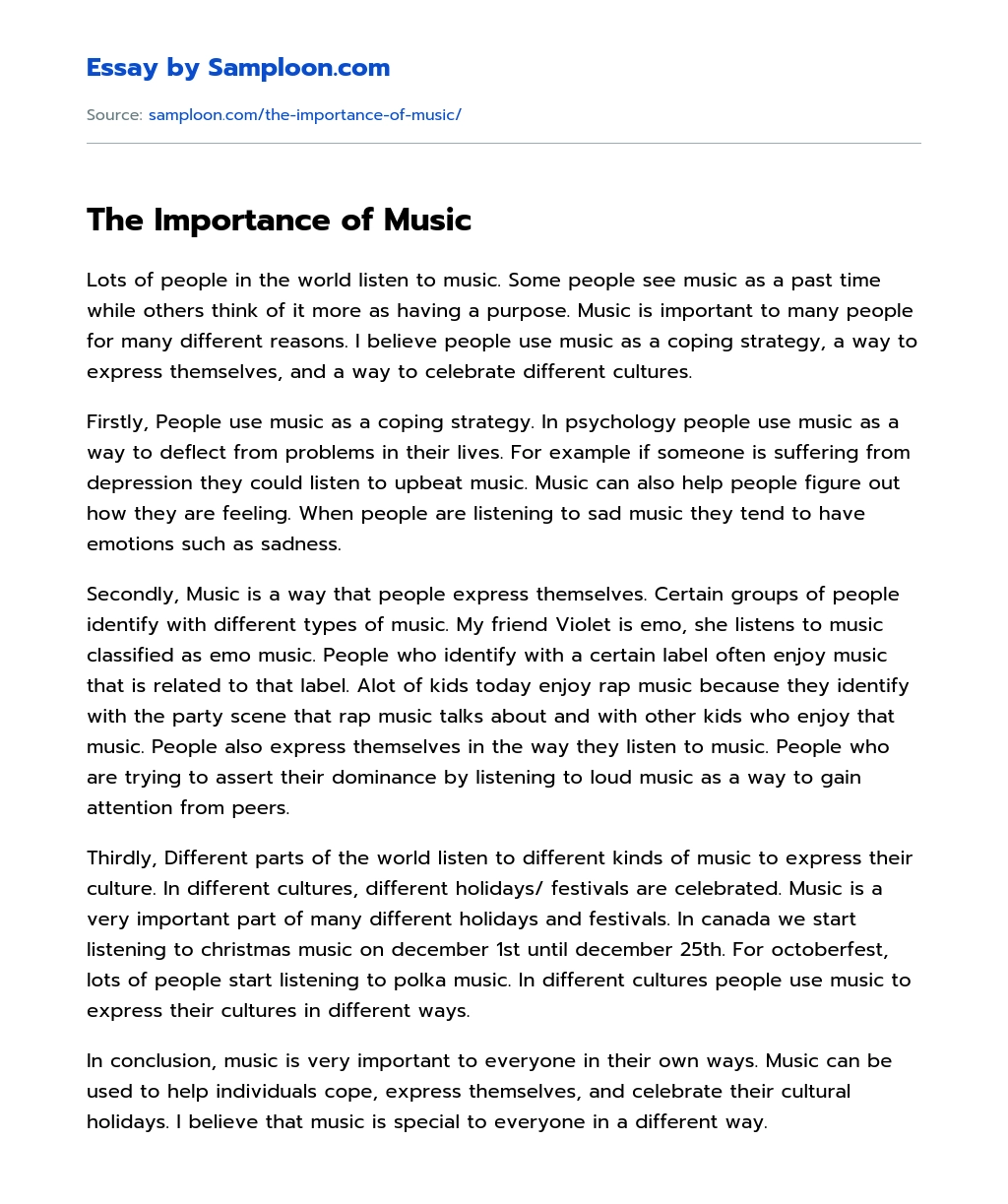≫ The Importance of Music Free Essay Sample on Samploon.com