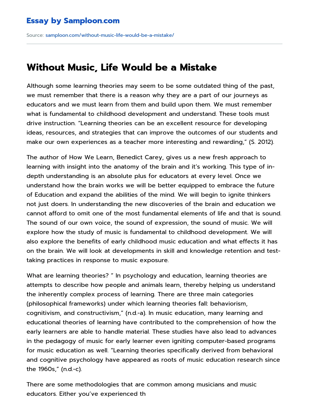 Without Music, Life Would be a Mistake essay