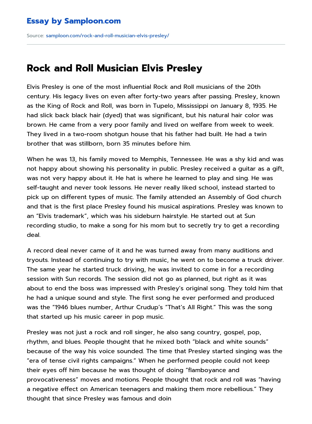 Rock and Roll Musician Elvis Presley Personal Essay essay