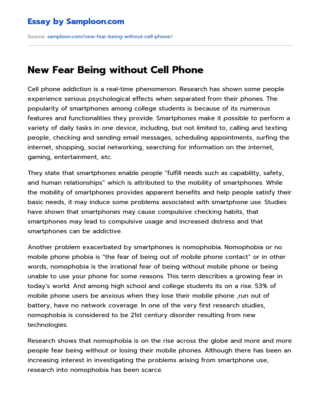New Fear Being without Cell Phone essay