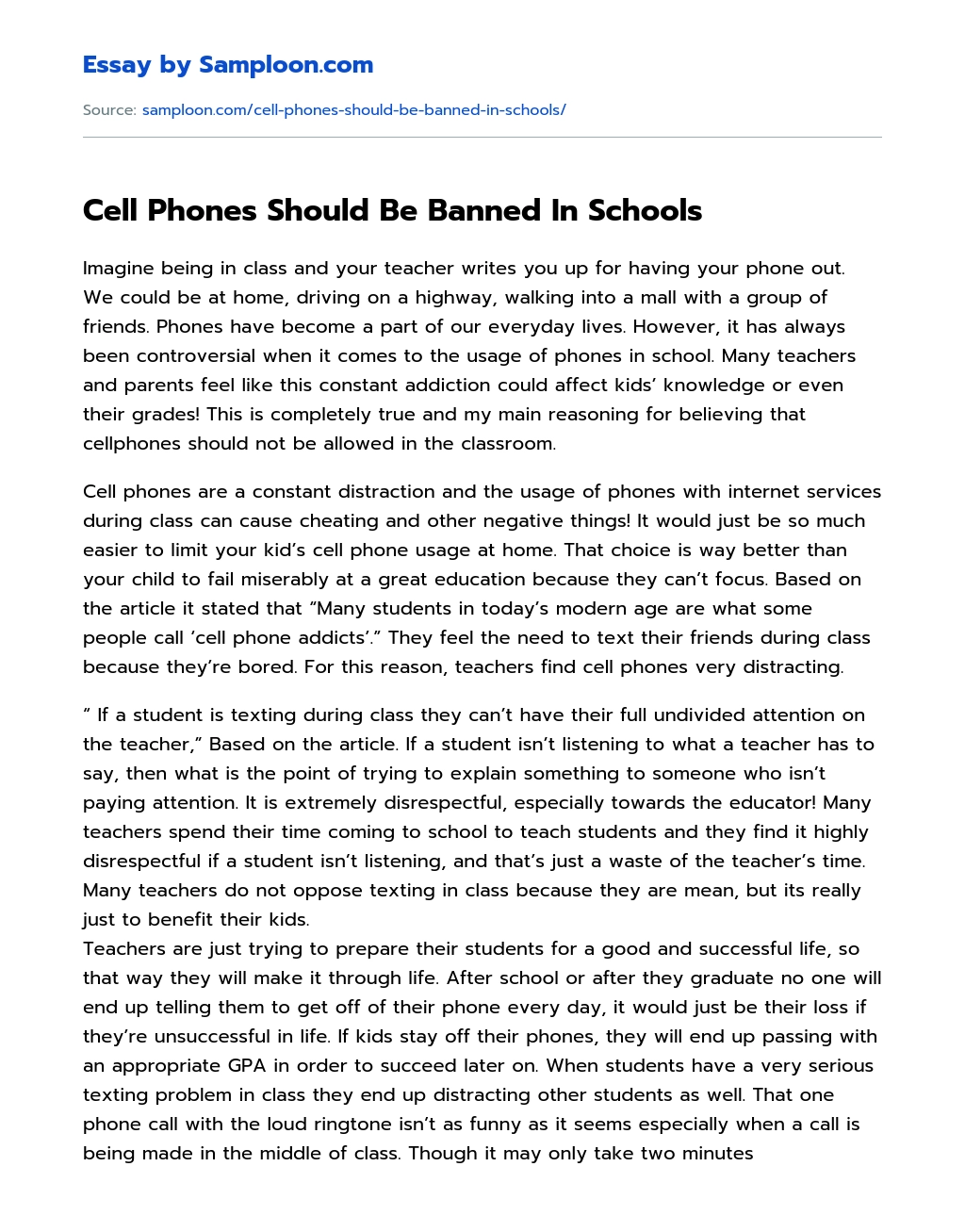 Cell Phones Should Be Banned In Schools essay