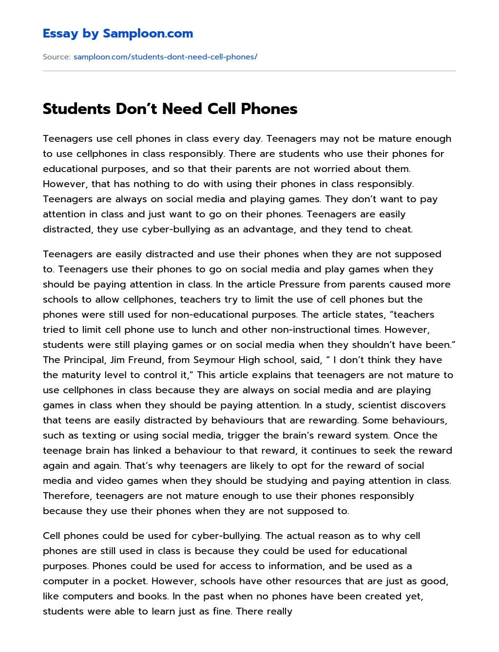 Students Don’t Need Cell Phones essay